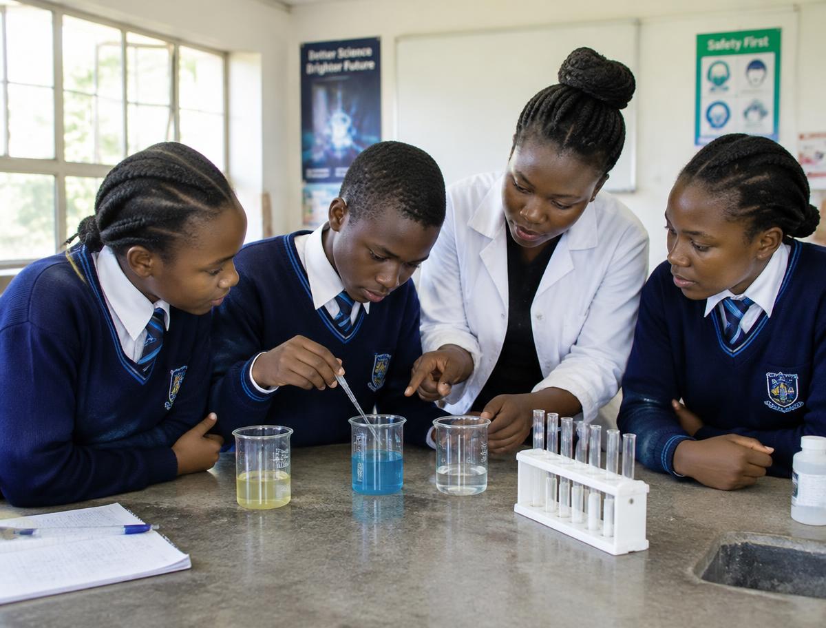 Learners doing a science experiment with a tutor